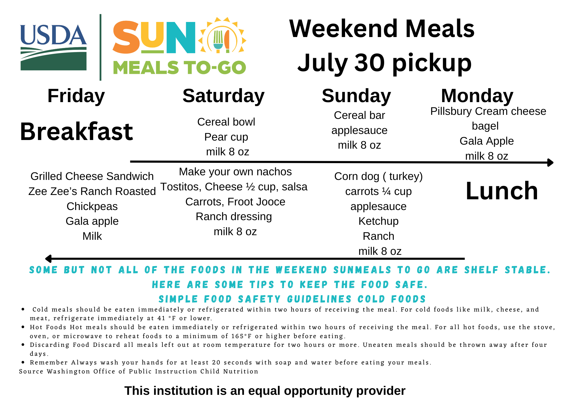 Weekend meal menu and food safety instructions